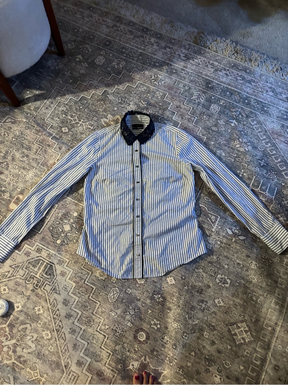 JCrew women’s Blue and White Striped Button-Down Shirt Black embellished collar